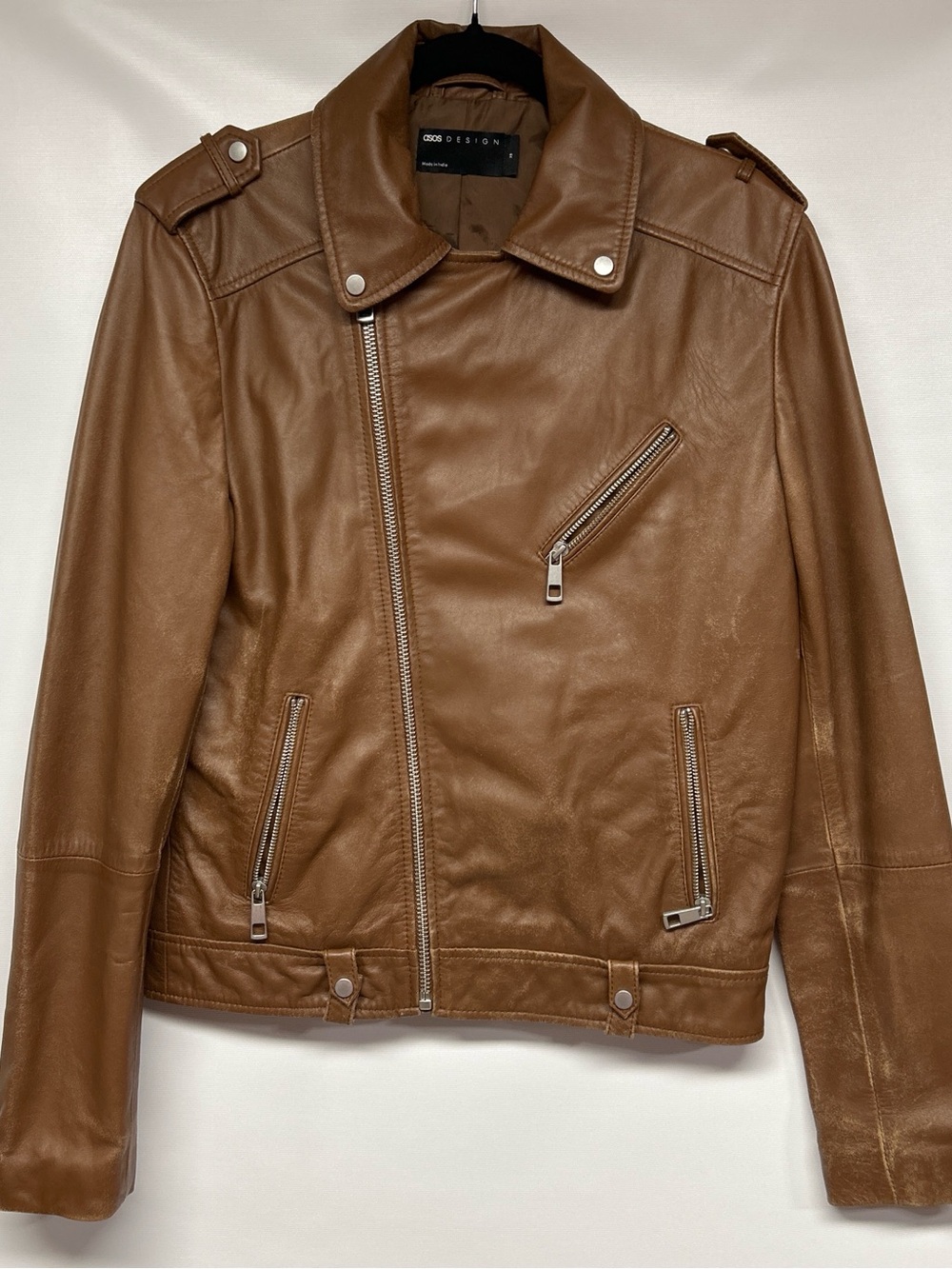 ASOS Tan Leather Asymmetrical Moto Jacket